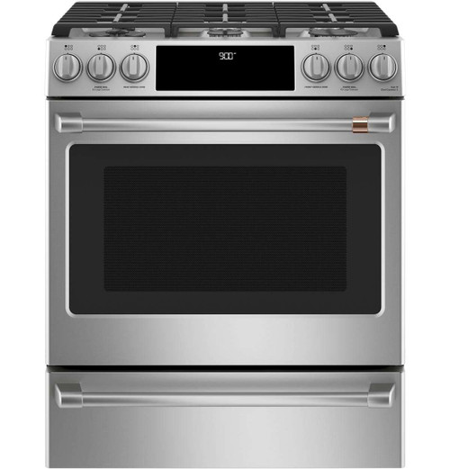 C2S900P2MS1 Cafe 30" Slide-In Front Control Dual Fuel Convection Range - Stainless Steel with Brushed Stainless Handles and Knobs