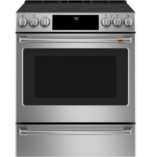 CES700P2MS1 Cafe 30" Slide-In Front Control Electric Range with True European Convection - Stainless Steel with Brushed Stainless Steel Handles and Knobs