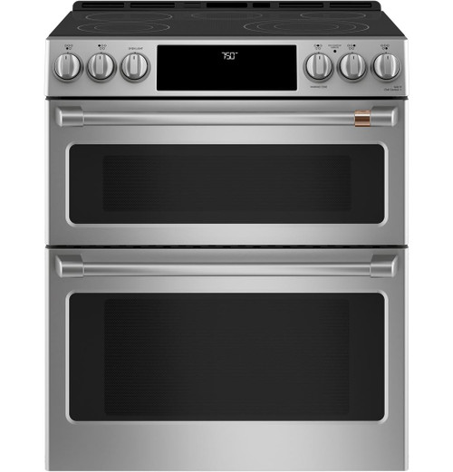 CES750P2MS1 Cafe 30" Slide-In Front Control Electric Double Oven Range with True European Convection - Stainless Steel with Brushed Stainless Steel Handles and Knobs