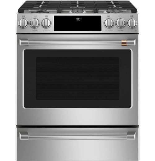 CGS700P2MS1 Cafe 30" Slide-In Front Control Convection Gas Range - Stainless Steel with Brushed Stainless Steel Handles and Knobs