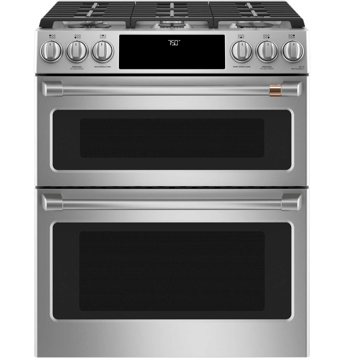 CGS750P2MS1 Cafe 30" Slide-In Gas Range with Double Oven and Front Controls - Stainless Steel with Brushed Stainless Steel Handles and Knobs